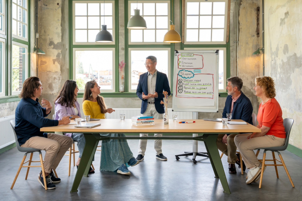 Spreker maakt aan het begin van een presentatie contact met zijn publiek.