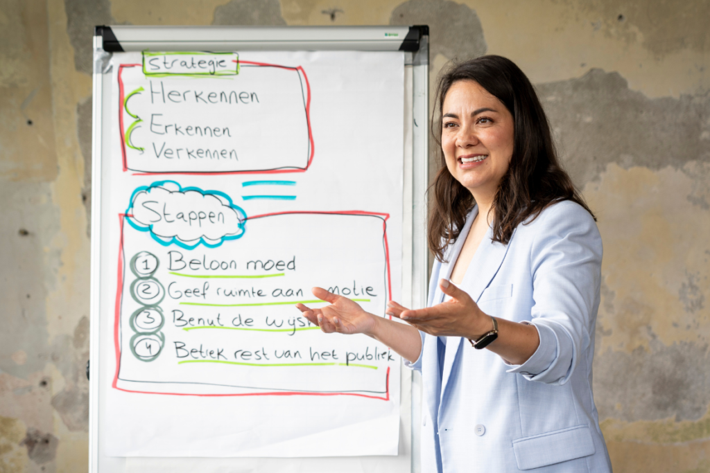 Vrouw presenteert tijdens training omgaan met presentatieangst